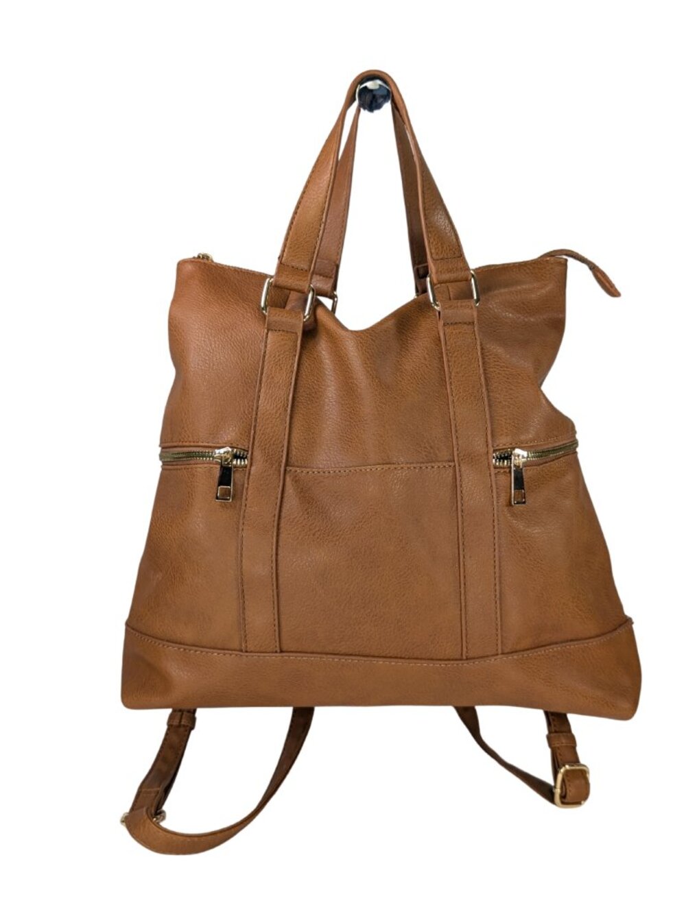 Camel Brown Faux Leather Large Convertible Zip Backpack Crossbody School Laptop